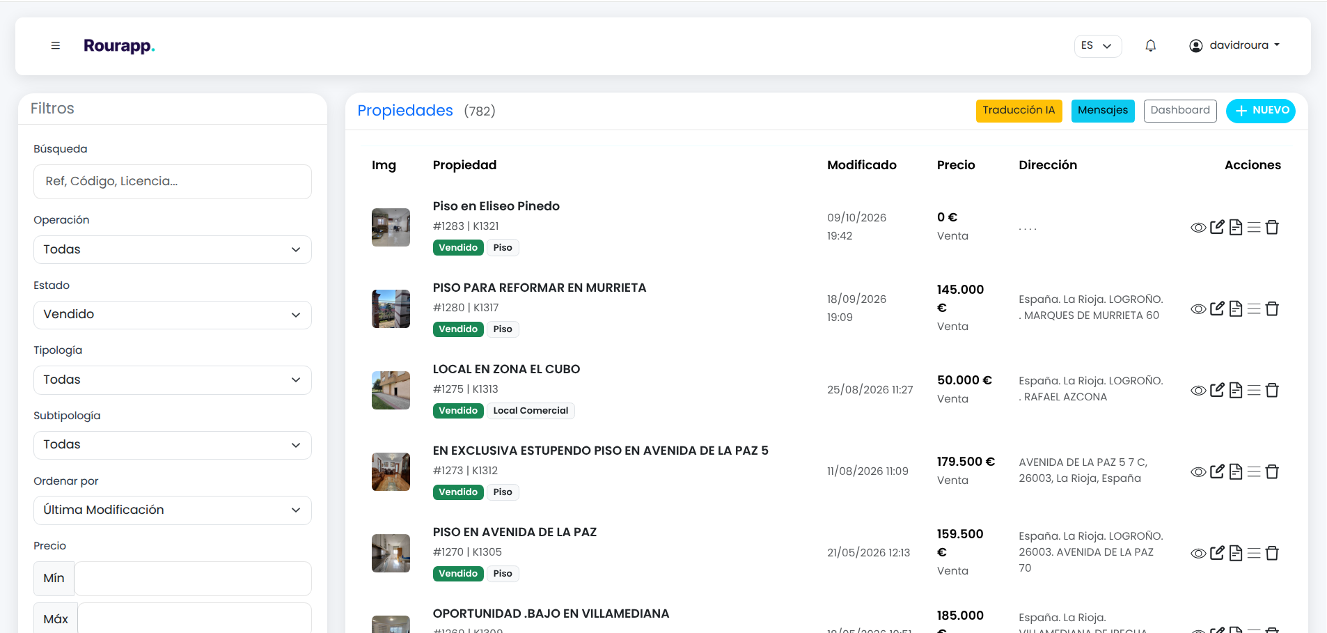 Listado de Inmuebles y Gestión de Cartera en Rourapp